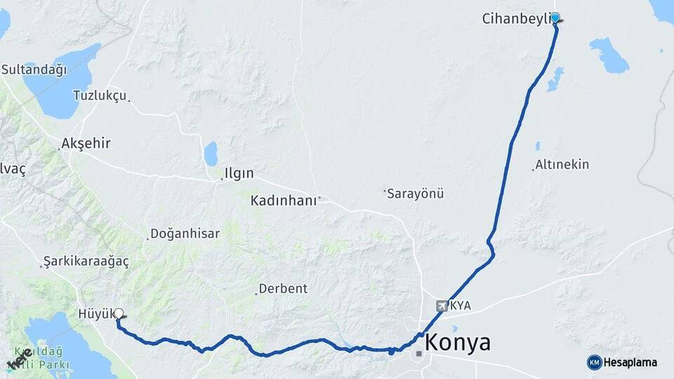 Konya Cihanbeyli Hüyük Arası Kaç Km - Yol Haritası