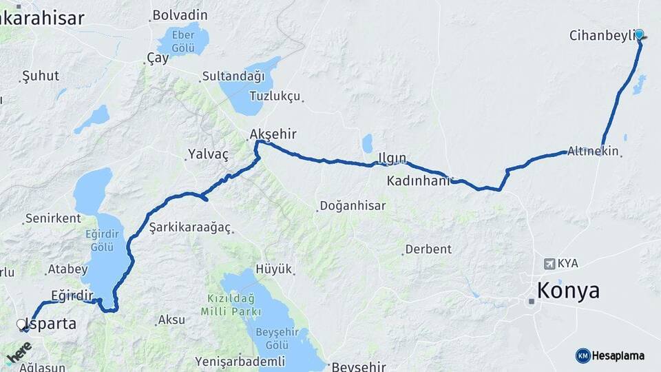 Konya Cihanbeyli Isparta Arası Kaç Km - Yol Haritası