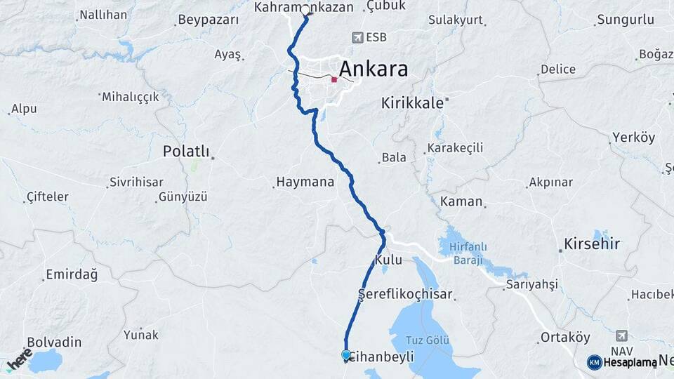 Konya Cihanbeyli Kahramankazan Ankara Arası Kaç Km - Yol Haritası