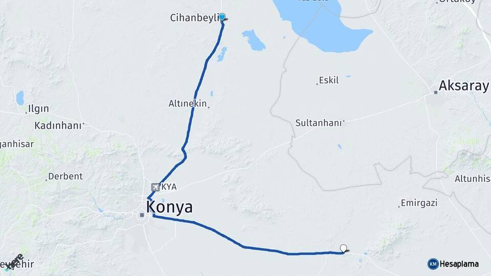 Konya Cihanbeyli Karapınar Arası Kaç Km - Yol Haritası
