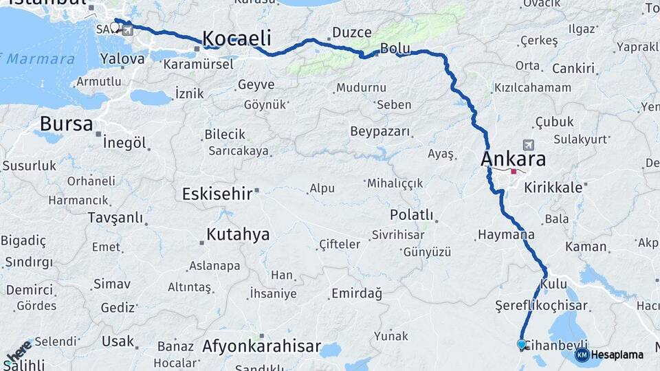 Konya Cihanbeyli Kartal İstanbul Arası Kaç Km - Yol Haritası