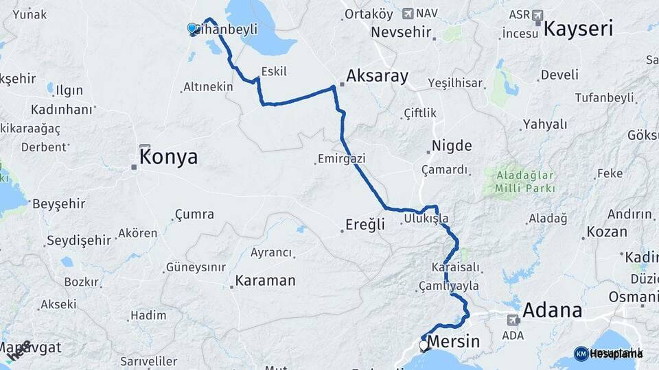Konya Cihanbeyli Mersin Arası Kaç Km - Yol Haritası