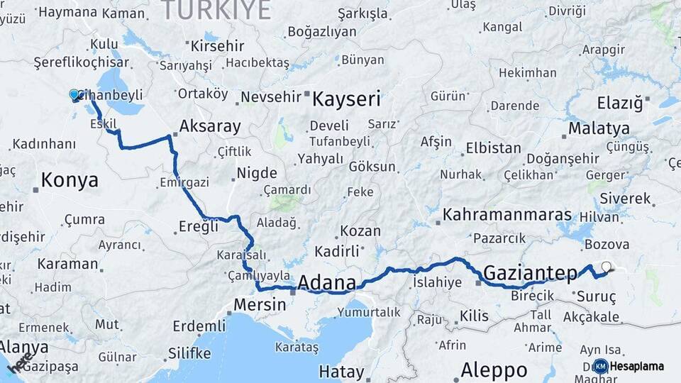 Konya Cihanbeyli Şanlıurfa Arası Kaç Km - Yol Haritası