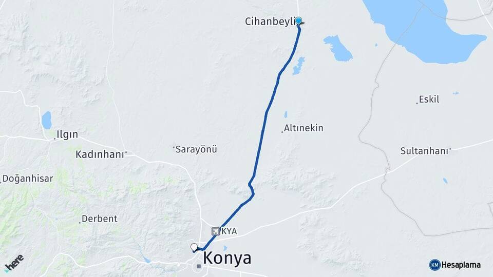 Konya Cihanbeyli Selçuklu Arası Kaç Km - Yol Haritası