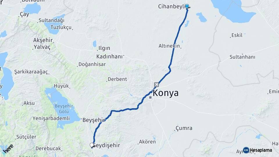 Konya Cihanbeyli Seydişehir Arası Kaç Km - Yol Haritası