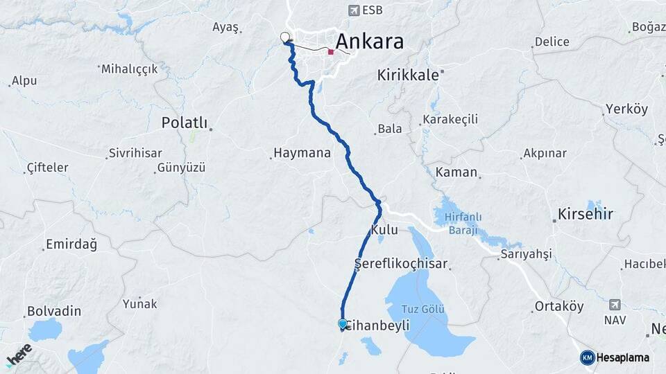 Konya Cihanbeyli Sincan Ankara Arası Kaç Km - Yol Haritası