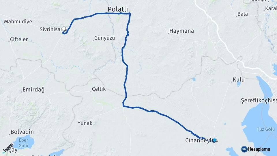 Konya Cihanbeyli Sivrihisar Eskişehir Arası Kaç Km - Yol Haritası