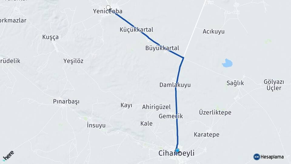 Konya Cihanbeyli Yeniceoba Cihanbeyli Arası Kaç Km - Yol Haritası
