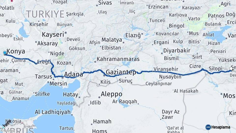 Konya Çukurca Hakkari Arası Kaç Km - Yol Haritası