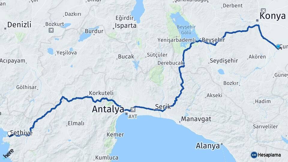 Konya Çumra Fethiye Muğla Arası Kaç Km - Yol Haritası