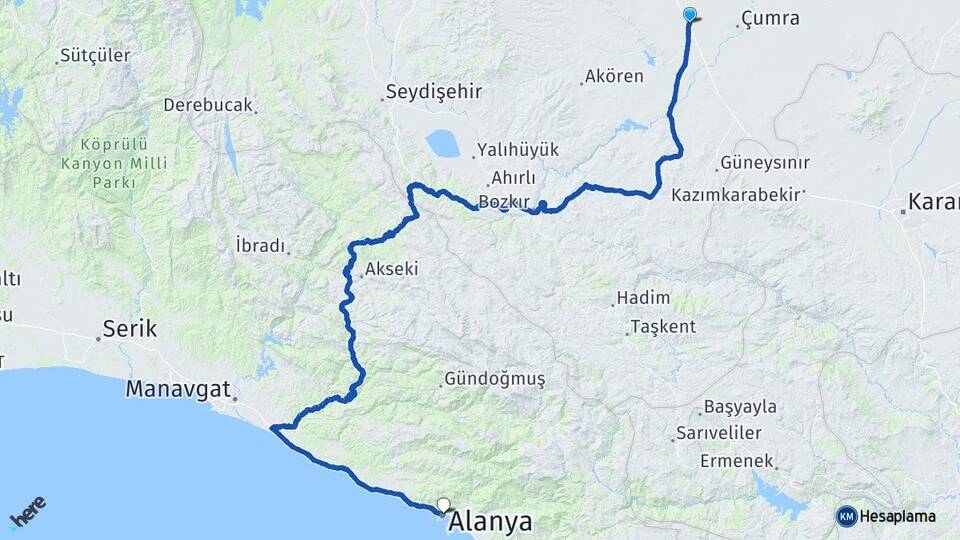 Konya Çumra İçeriçumra Alanya Antalya Arası Kaç Km - Yol Haritası