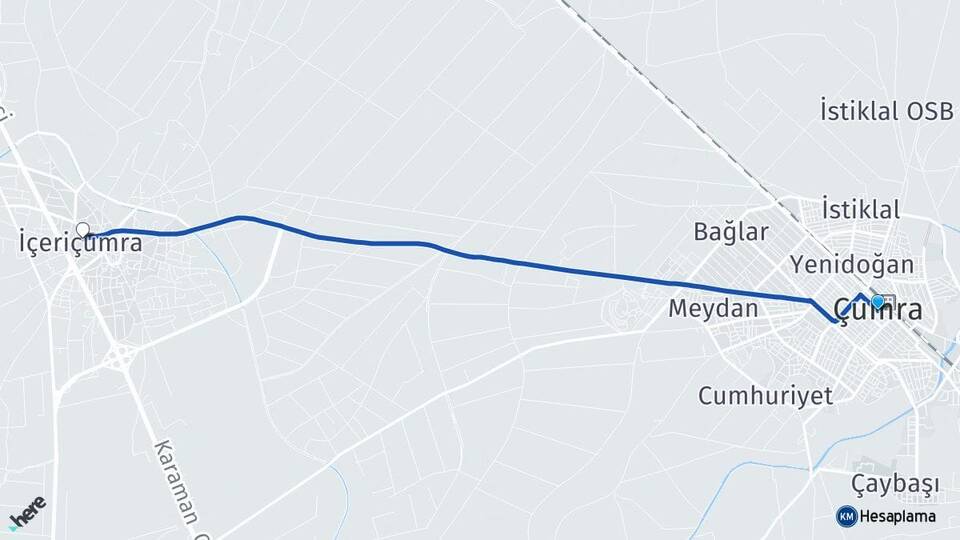 Konya Çumra İçeriçumra Çumra Arası Kaç Km - Yol Haritası