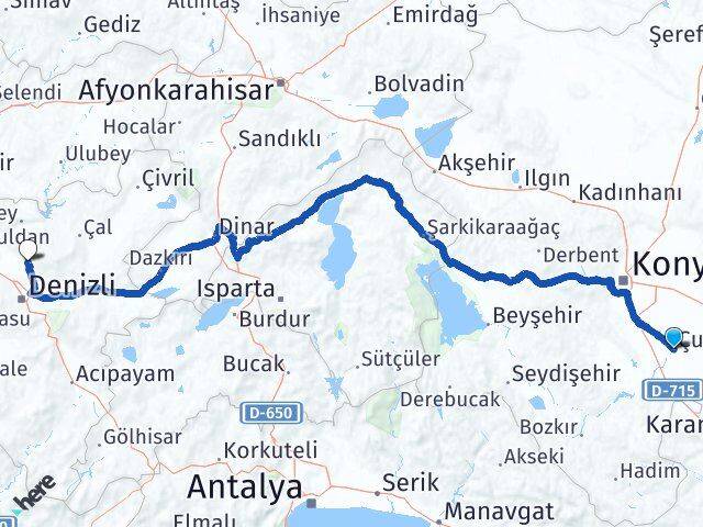 Konya Çumra Karahayıt Pamukkale Denizli Arası Kaç Km - Yol Haritası