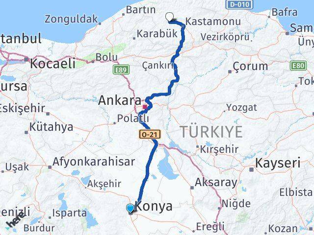 Konya Daday Kastamonu Arası Kaç Km - Yol Haritası