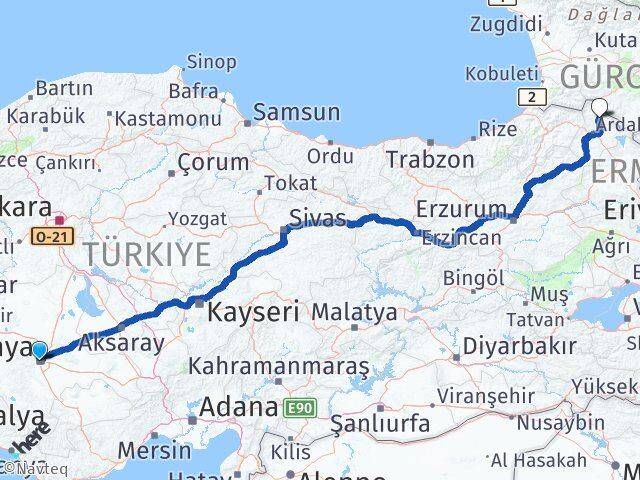 Konya Damal Ardahan Arası Kaç Km - Yol Haritası
