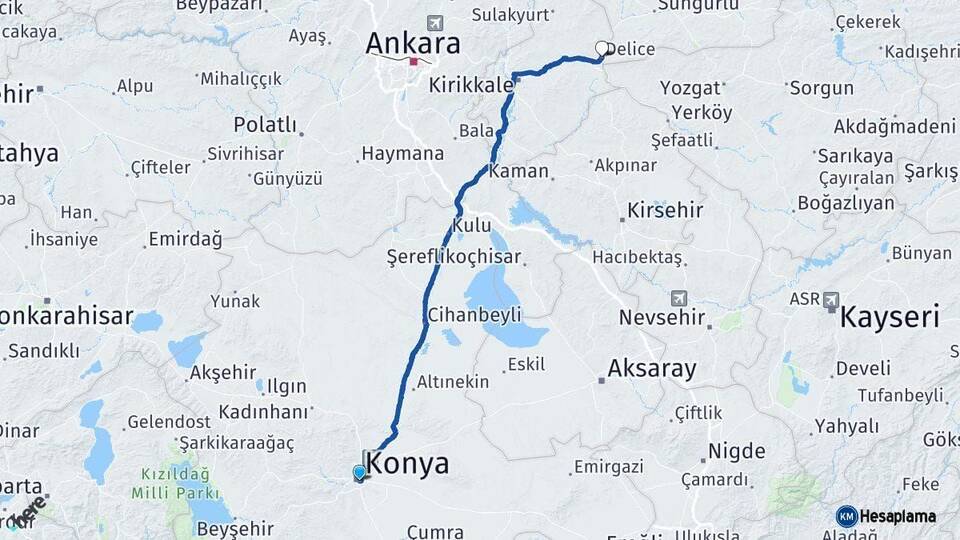 Konya Delice Kırıkkale Arası Kaç Km - Yol Haritası