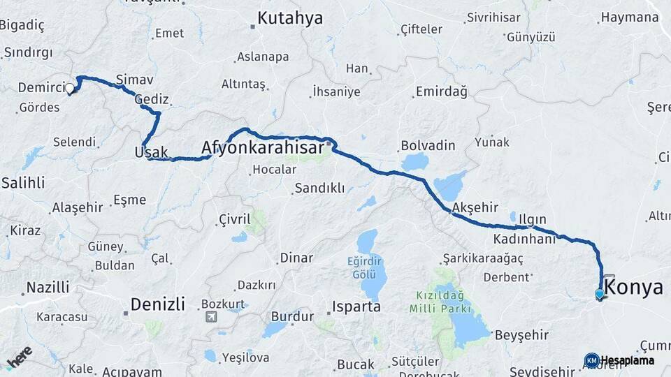 Konya Demirci Manisa Arası Kaç Km - Yol Haritası