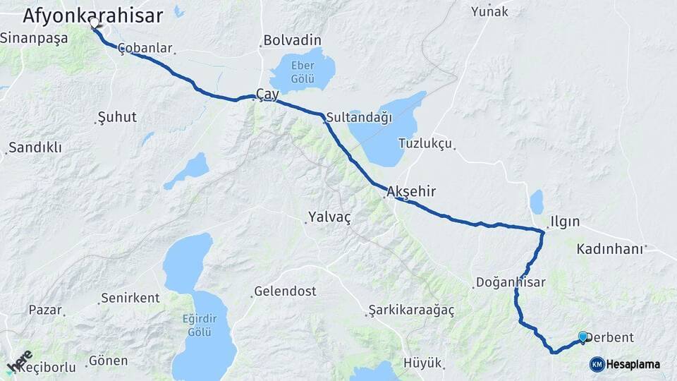 Konya Derbent Afyonkarahisar Arası Kaç Km - Yol Haritası