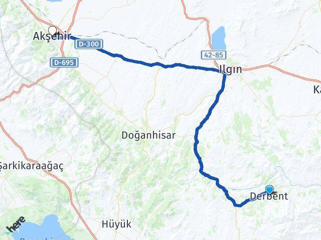 Konya Derbent Akşehir Arası Kaç Km - Yol Haritası