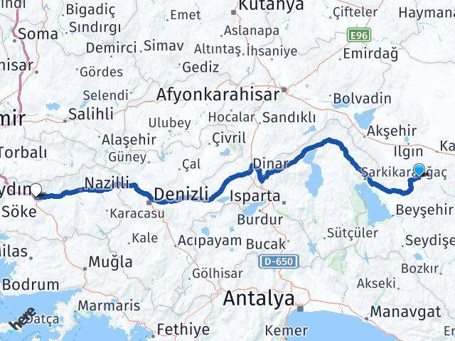 Konya Derbent Aydın Arası Kaç Km - Yol Haritası