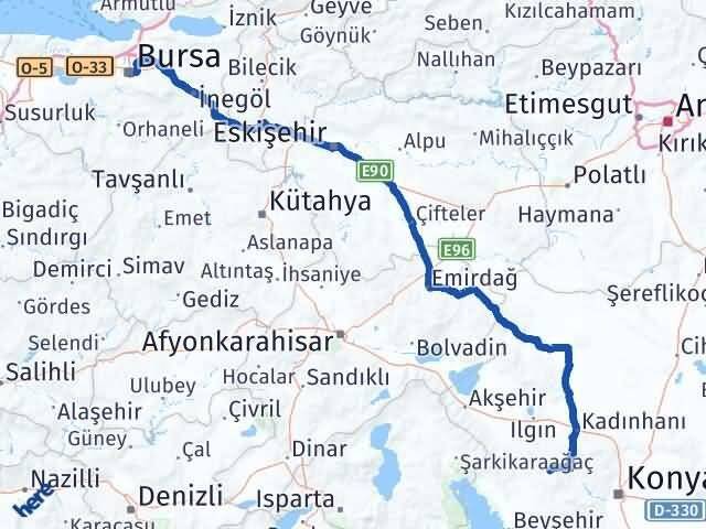 Konya Derbent Bursa Arası Kaç Km - Yol Haritası