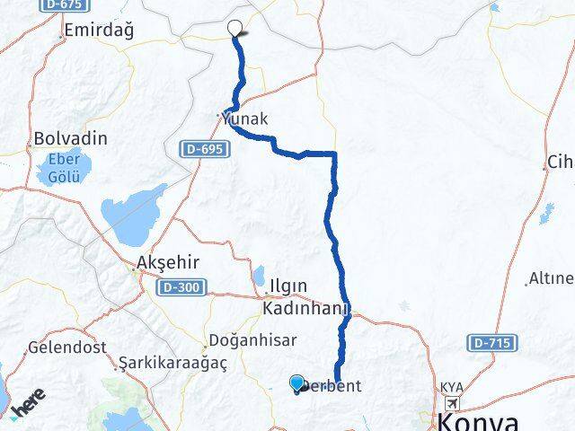 Konya Derbent Çeltik Arası Kaç Km - Yol Haritası
