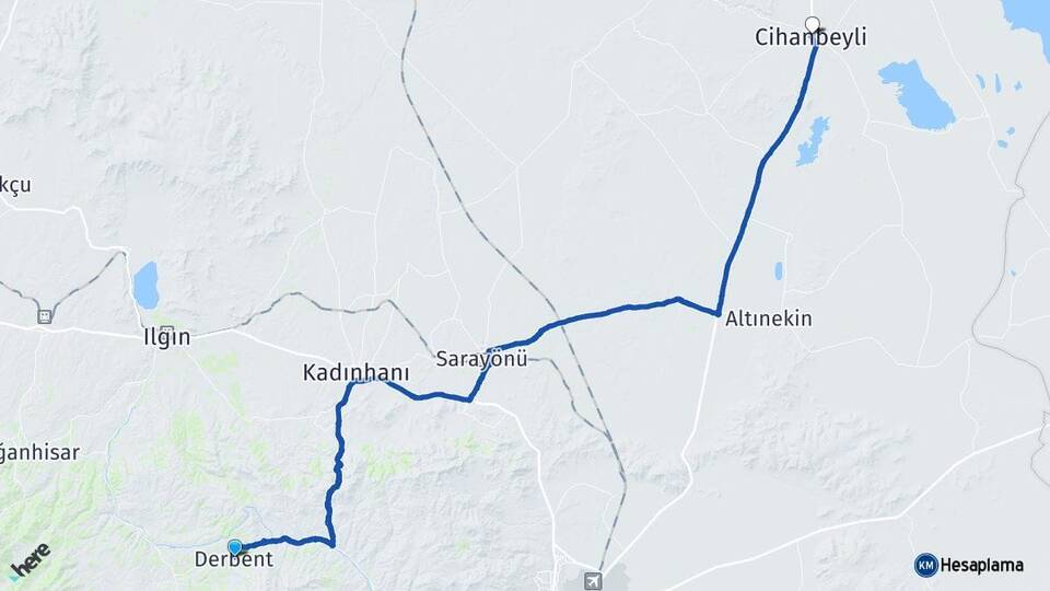 Konya Derbent Cihanbeyli Arası Kaç Km - Yol Haritası