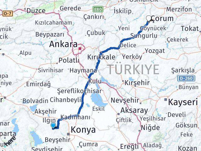 Konya Derbent Çorum Arası Kaç Km - Yol Haritası