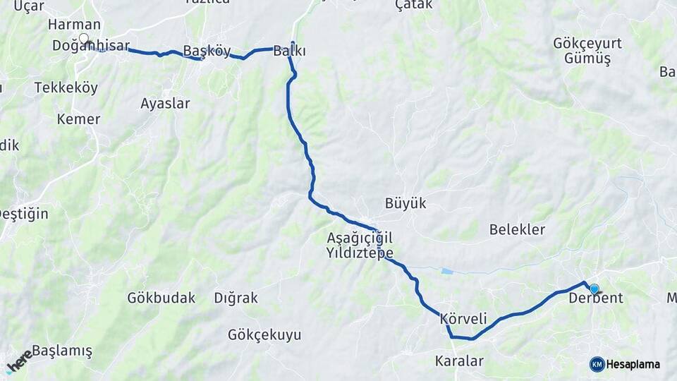 Konya Derbent Doğanhisar Arası Kaç Km - Yol Haritası