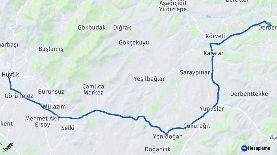 Konya Derbent Hüyük Arası Kaç Km - Yol Haritası