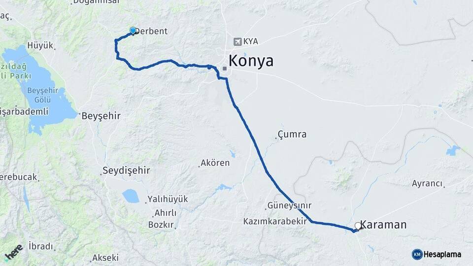 Konya Derbent Karaman Arası Kaç Km - Yol Haritası