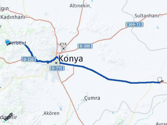 Konya Derbent Karapınar Arası Kaç Km - Yol Haritası