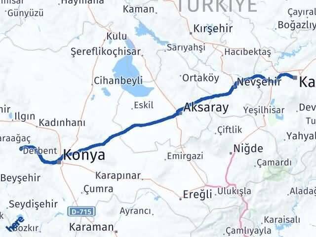 Konya Derbent Kayseri Arası Kaç Km - Yol Haritası