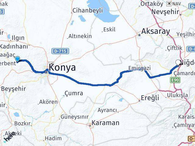 Konya Derbent Niğde Arası Kaç Km - Yol Haritası