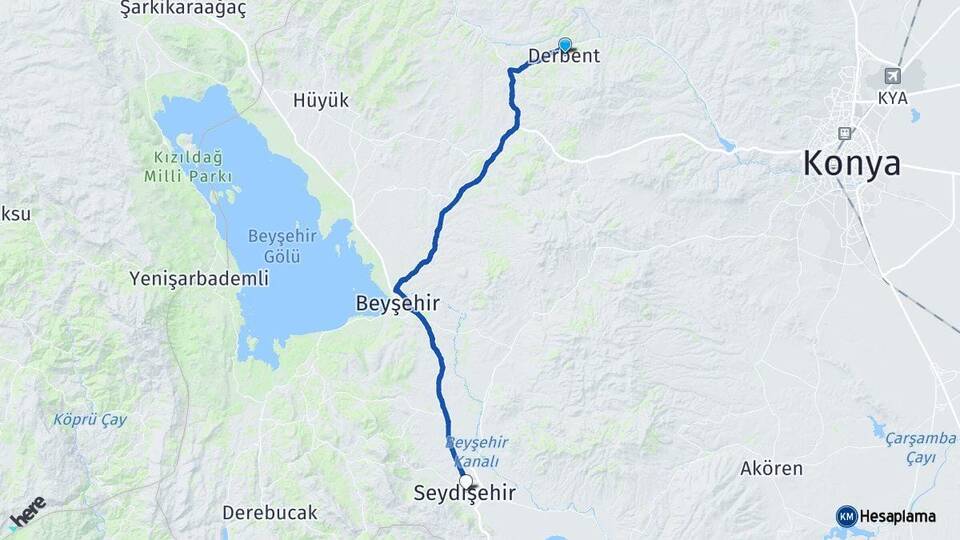 Konya Derbent Seydişehir Arası Kaç Km - Yol Haritası