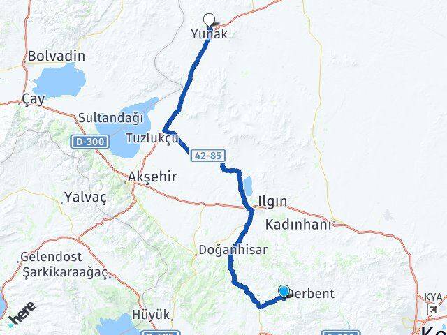 Konya Derbent Yunak Arası Kaç Km - Yol Haritası