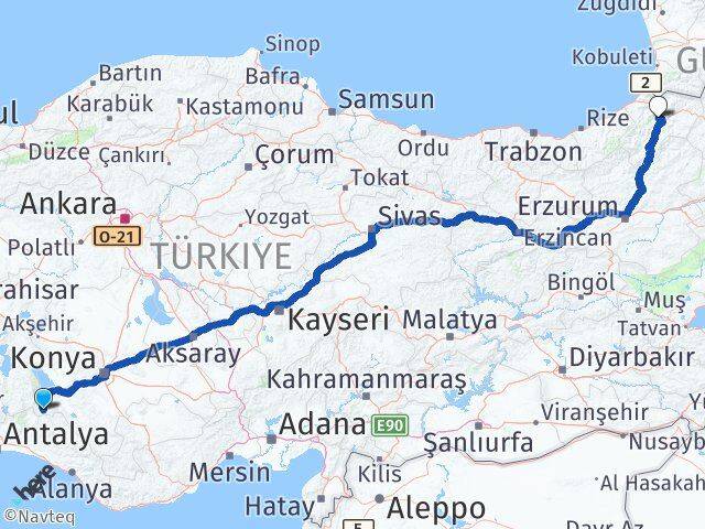 Konya Derebucak Artvin Arası Kaç Km - Yol Haritası