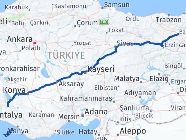 Konya Derebucak Bayburt Arası Kaç Km - Yol Haritası