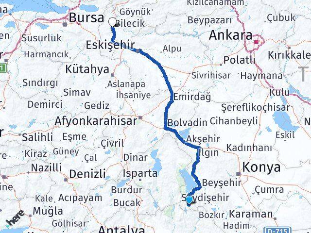 Konya Derebucak Bilecik Arası Kaç Km - Yol Haritası