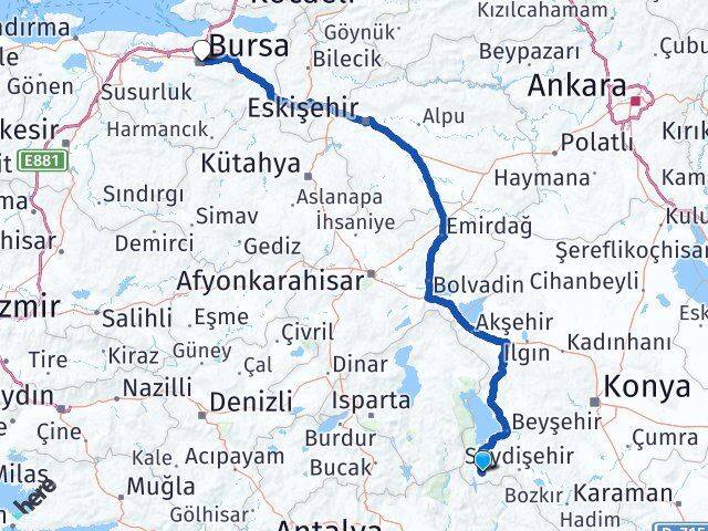 Konya Derebucak Bursa Arası Kaç Km - Yol Haritası
