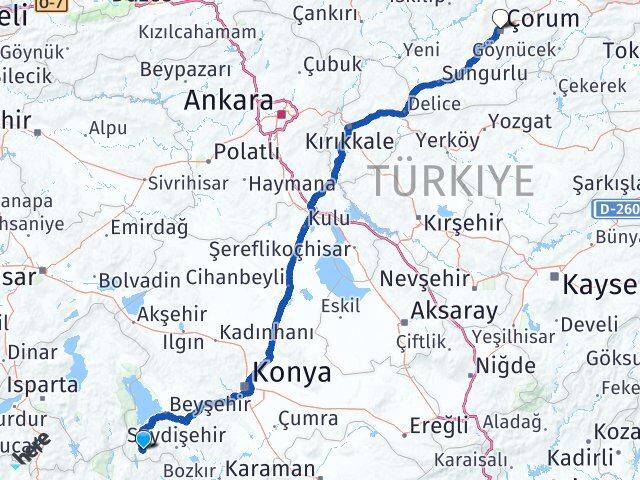 Konya Derebucak Çorum Arası Kaç Km - Yol Haritası