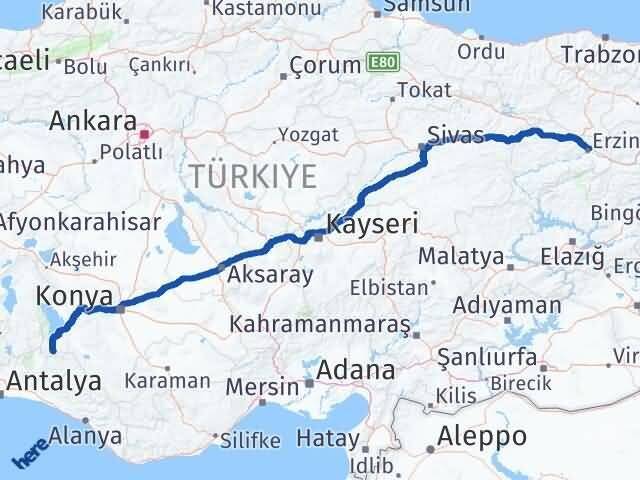 Konya Derebucak Erzincan Arası Kaç Km - Yol Haritası