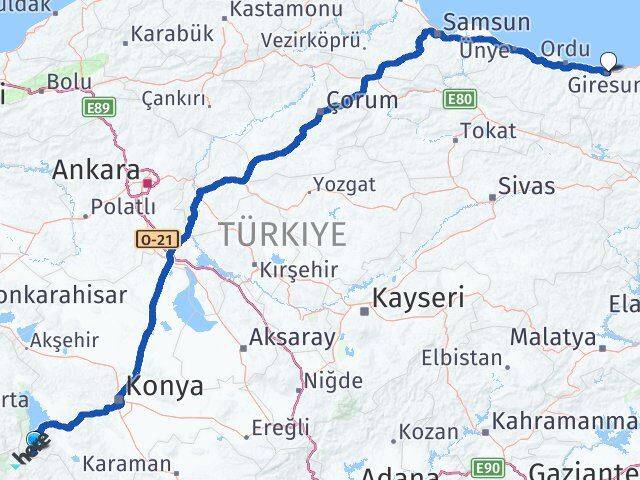 Konya Derebucak Giresun Arası Kaç Km - Yol Haritası