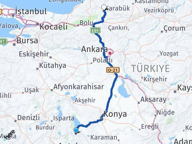Konya Derebucak Karabük Arası Kaç Km - Yol Haritası