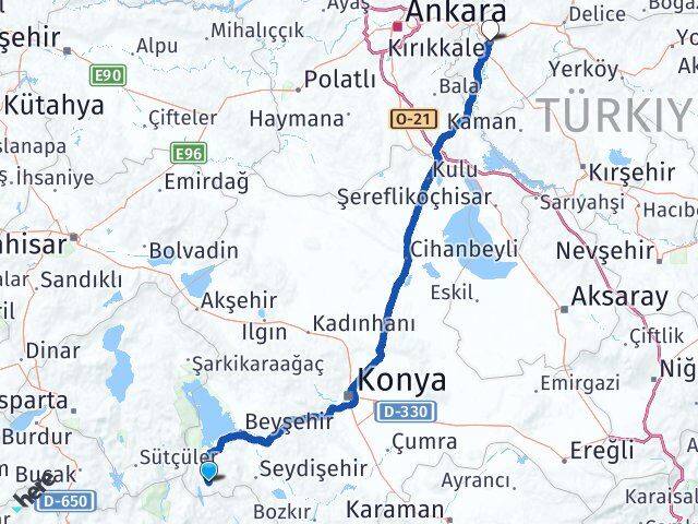 Konya Derebucak Kırıkkale Arası Kaç Km - Yol Haritası