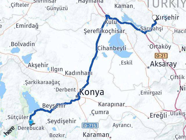 Konya Derebucak Kırşehir Arası Kaç Km - Yol Haritası