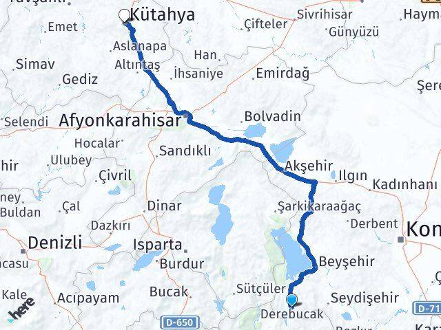 Konya Derebucak Kütahya Arası Kaç Km - Yol Haritası