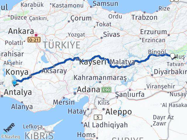 Konya Derebucak Muş Arası Kaç Km - Yol Haritası