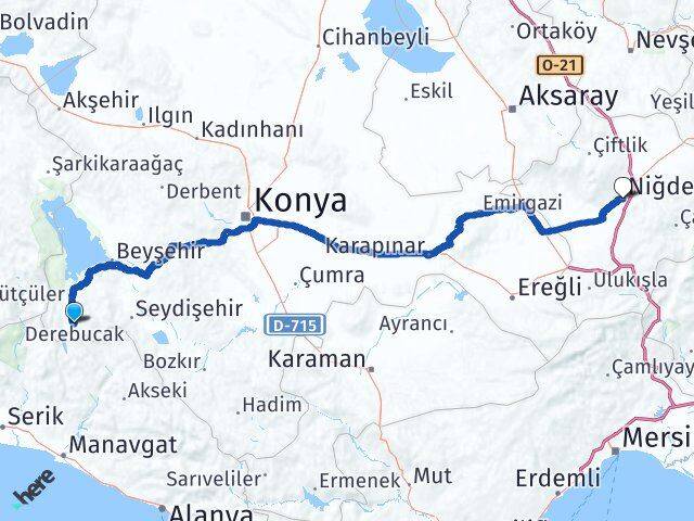 Konya Derebucak Niğde Arası Kaç Km - Yol Haritası