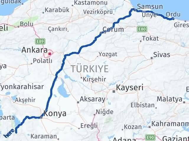 Konya Derebucak Ordu Arası Kaç Km - Yol Haritası